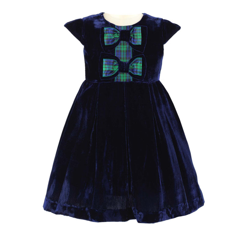 Navy Tartan Bow Velvet Dress Rachel Riley