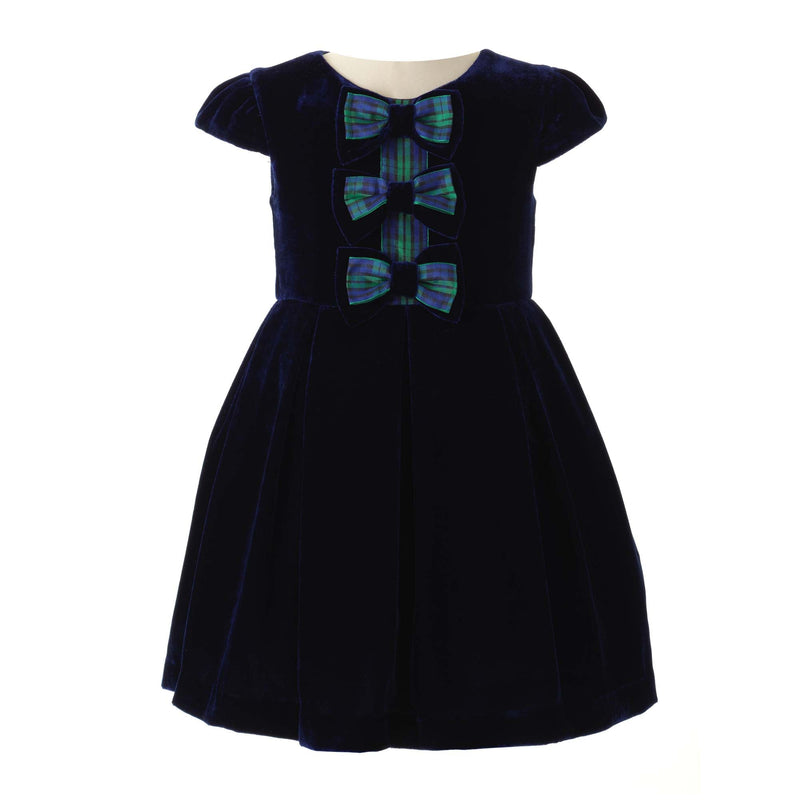 Navy Tartan Bow Velvet Dress Rachel Riley